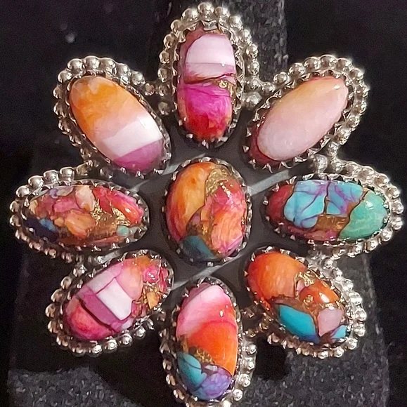 New Sterling Silver Large Flower Adjustable Ring in Pink Spiny Turquiose Dalia - Picture 1 of 8